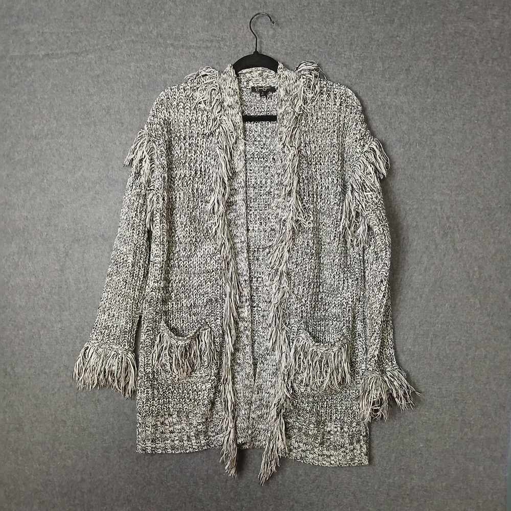 Jessica Simpson L sweater duster fringe trim 2 pockets cottage beach cozy y2k